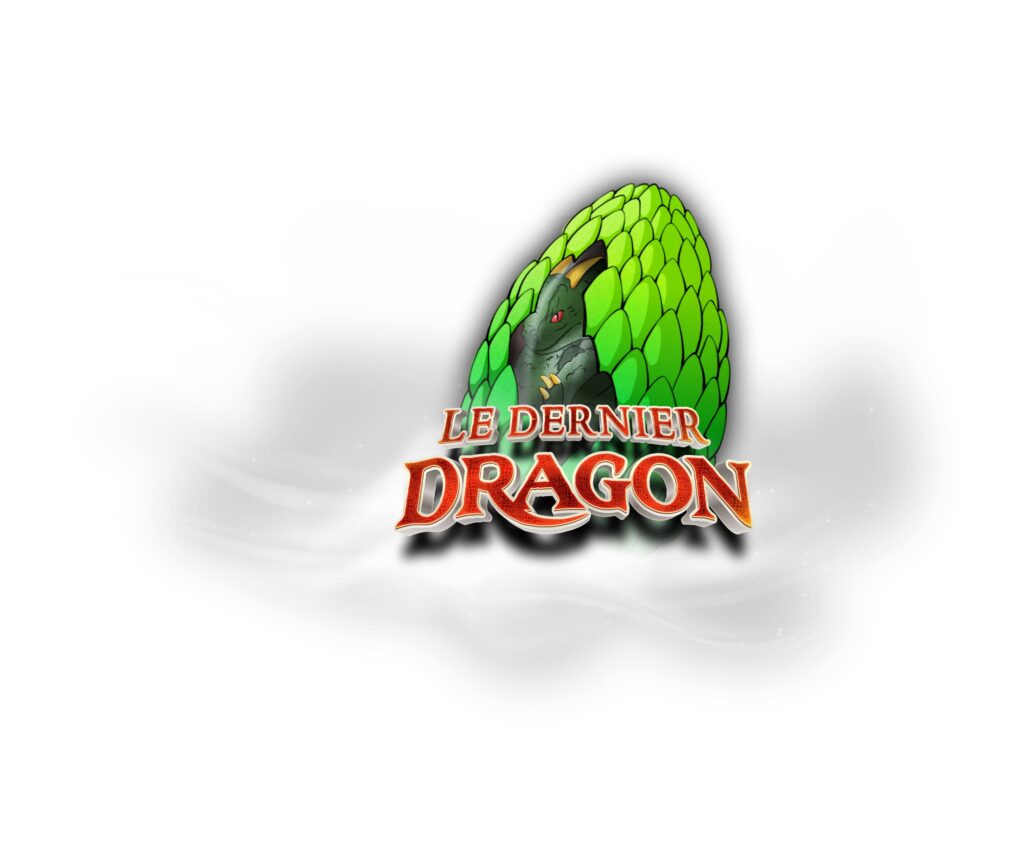 Logo "Le Dernier Dragon" avec un dragon vert à écailles émergeant d'un amas de feuilles ou d'écailles vertes, sur fond blanc brumeux.