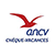 Logo de l'ANCV représentant un oiseau rouge stylisé volant au-dessus du texte bleu « ancv chèque vacances ».