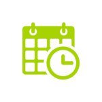 Icône Planification Temps : Calendrier et Horloge Icône verte d'un calendrier avec une horloge superposée, représentant la planification d'événements ou la gestion du temps.