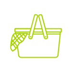 Icône Panier Pique-Nique Vert : Repas Plein Air Icône de panier de pique-nique vert fluo avec anse et une couverture à carreaux qui dépasse.